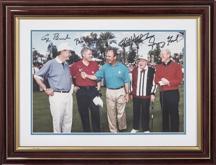 Presidents George Bush, Bill Clinton & Gerald Ford and Bob Hope Multi Signed Photo In 17x13 Framed Display From Dick Enberg Collection (Letter of Provenance & Beckett PreCert)